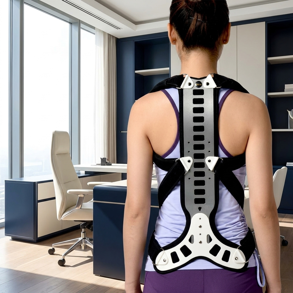 Correcteur de posture Statura porté dans un bureau exécutif avec vue sur la ville