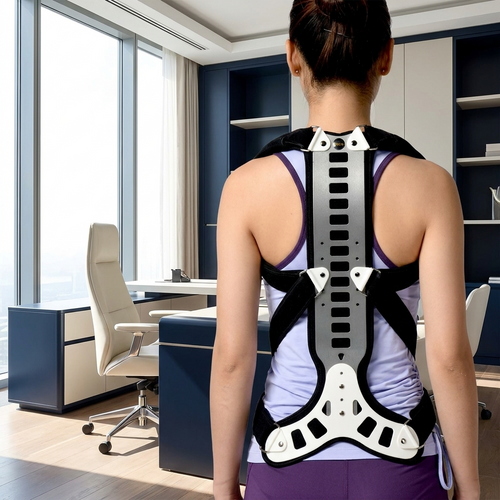 Correcteur de posture Statura porté dans un bureau exécutif avec vue sur la ville