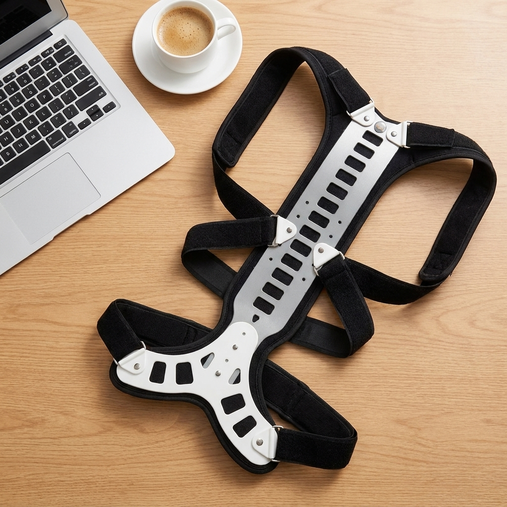 Correcteur de posture Statura posé sur un bureau, avec ordinateur portable et café