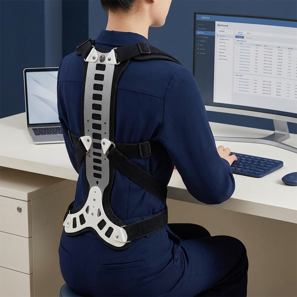 Professionnel portant le correcteur de posture Statura, assis à son bureau devant un écran
